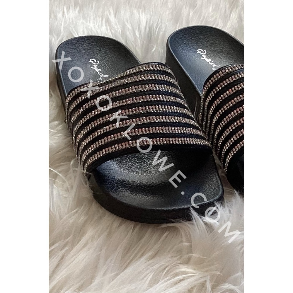 Qupid Black Rhinestone Slide Sandals | Sparkly Slip On Flat - Picture 8 of 9